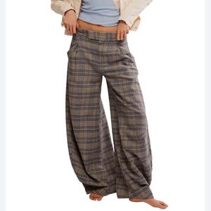 Free People Wide-Leg Plaid Chinos in Taupe and Gray